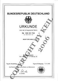 "NEW YORK NAILS" 0761-8889998 - Dieser ist als geschützte Wortmarke unter der Nummer: 306 05 724 Az.: 306 05 724.7/44 beim Deutschen Patent und Markenamt eingetragen und geschützt.